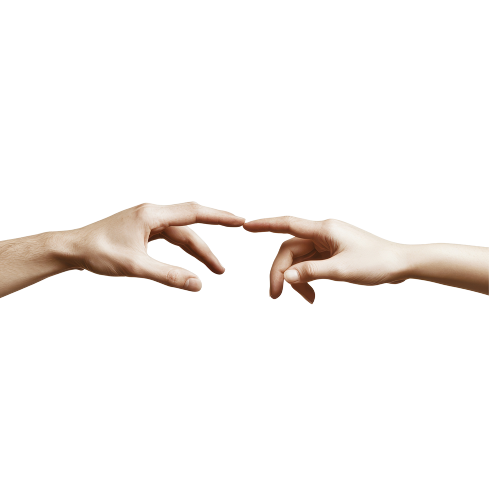 Female hands extending toward one another in a gesture of connection and unity against a blank background, file no background Female hands reaching each other png