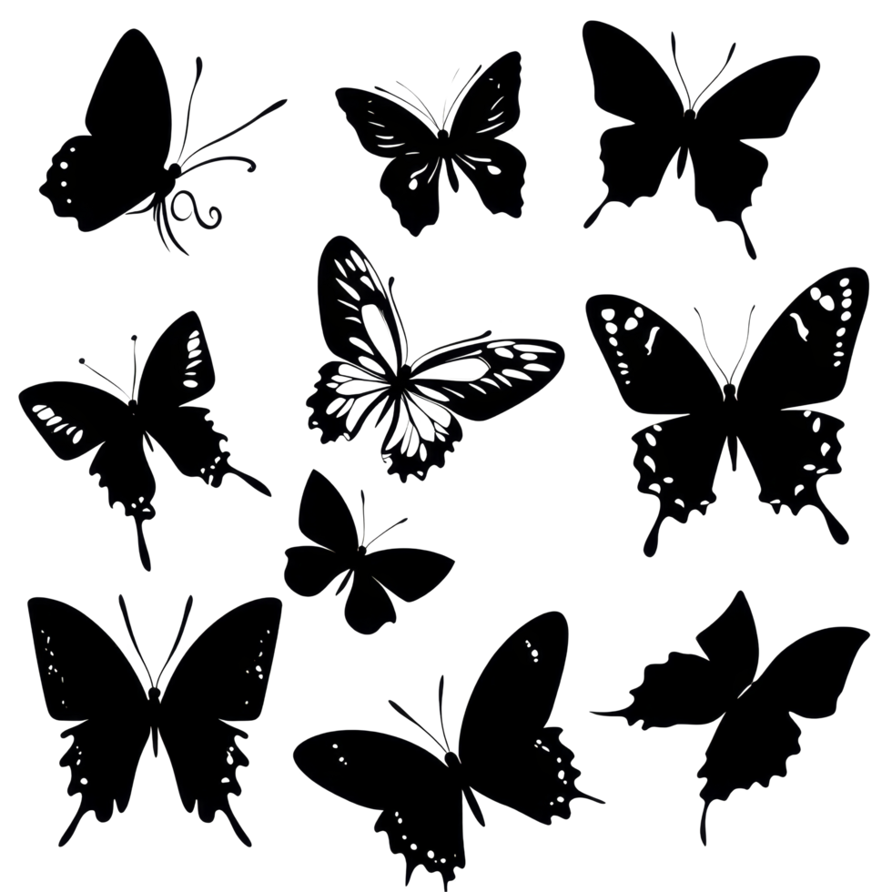 Elegant black silhouettes of butterflies arranged on a transparent background for artistic display and decoration, Butterflies silhouette black background on transparent background png