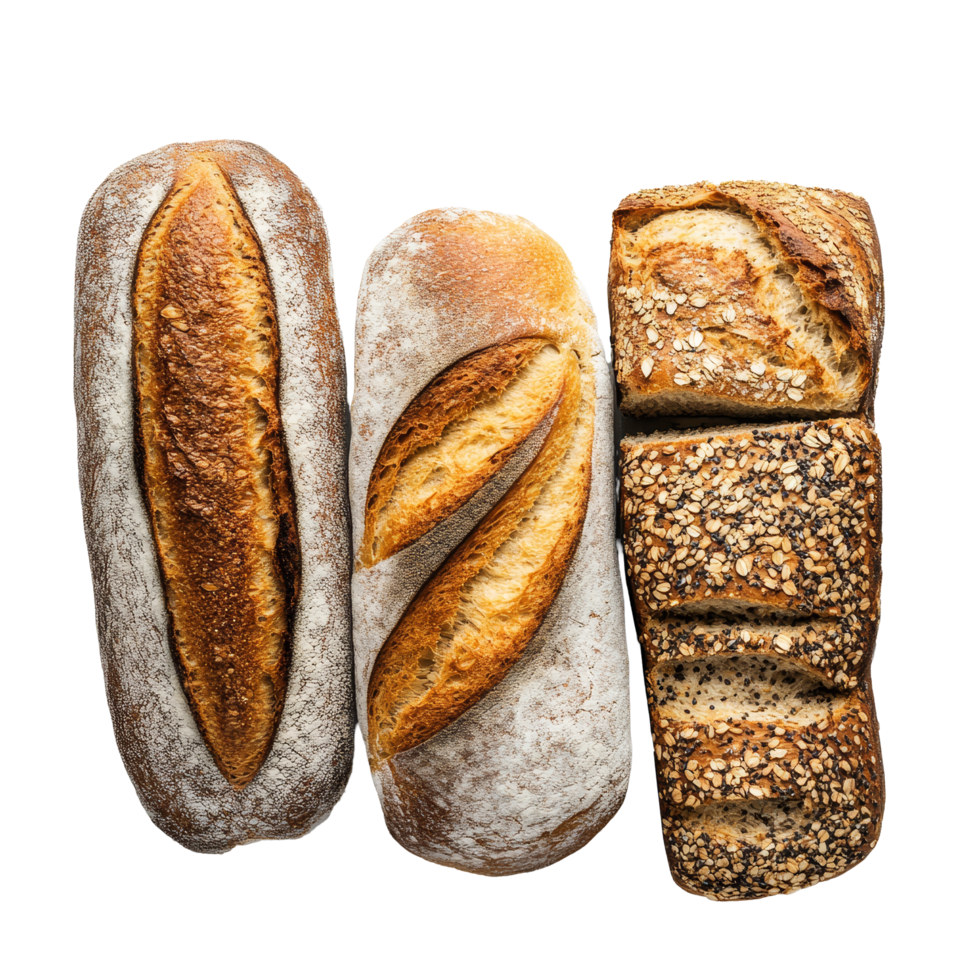 Variety of whole wheat bread loaves arranged on a plain transparent background with seeds scattered around, whole wheat bread on transparent background png