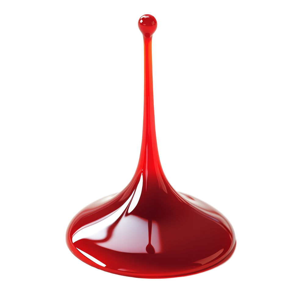 A vivid red liquid droplet suspended above a smooth puddle on a transparent background, red liquid droplet transparent background png