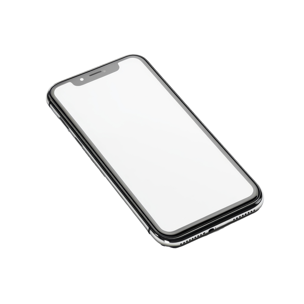 Empty mobile phone resting on a clean transparent background displaying a blank screen in a minimalistic setting, empty mobile phone on transparent backgroundfile png