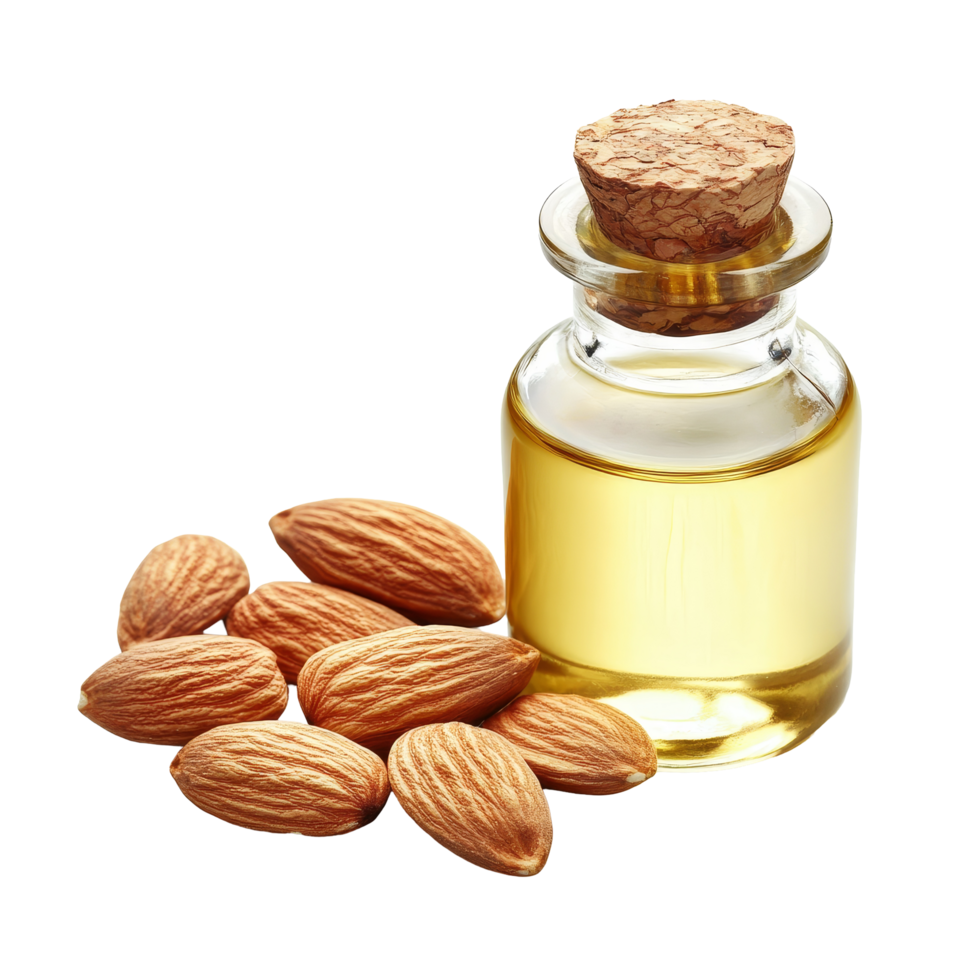 Almond oil and raw almonds arranged artistically against a clean transparent background, Almond oil and almonds nuts isolated png