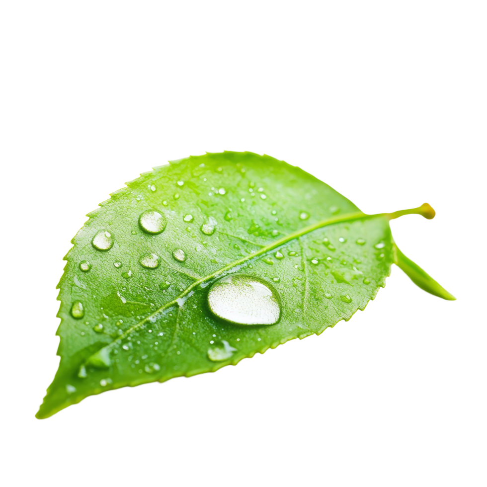 Fresh tea leaf glistening with water droplets on a clean transparent background, showcasing nature's beauty and freshness, tea leaf with drop water on transparent background png