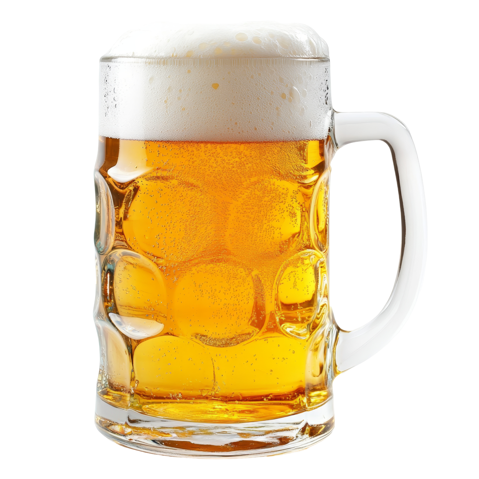 Freshly poured mug of beer topped with foam ready to be enjoyed on a sunny day, Mug fresh beer with cap of foam isolated on transparent background png