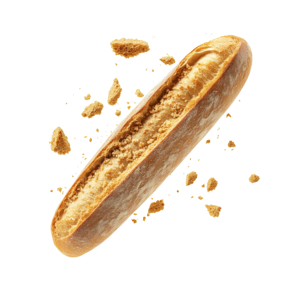 Freshly baked baguette with floating crumbs on a clean transparent background showing its texture and structure, Fresh Baguette with Crumbs Floating isolated on transparent background png