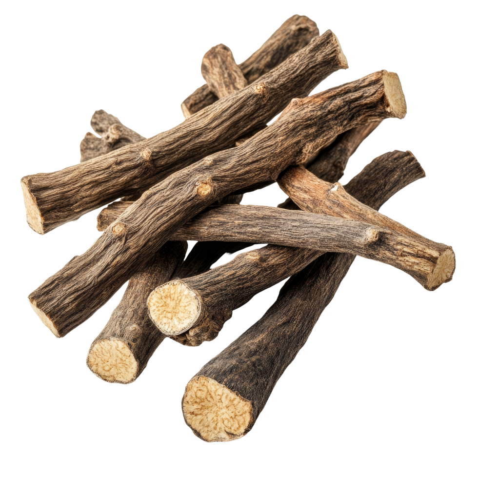 Liquorice roots stacked on a transparent background, showcasing their natural texture and brown color, Liquorice roots isolated on transparent background png
