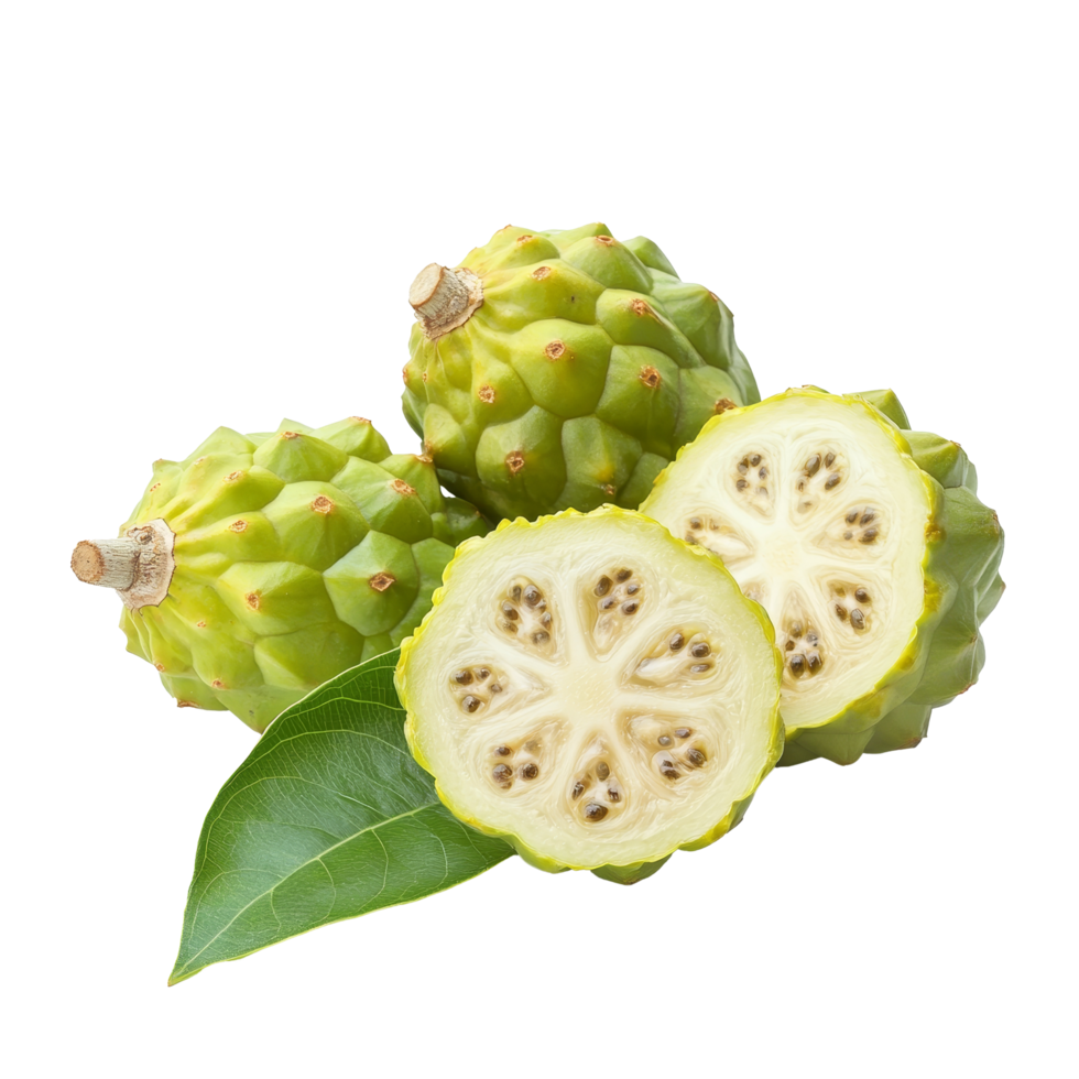 Fresh noni fruit with green leaves displayed on a clean transparent background for natural product showcase, Noni fruit with leaf on transparent background png