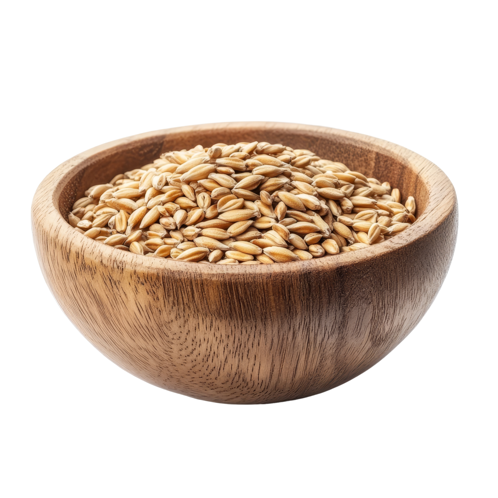 Barley grains in a wooden bowl on a transparent background showcasing natural textures and colors, Barley Grains in the wood bowl on transparent background png