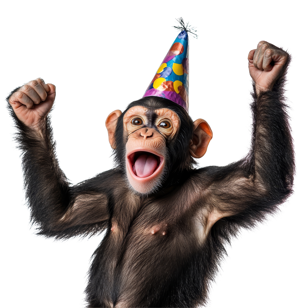 Excited monkey wearing a colorful party hat celebrates joyfully against a clean transparent background, Excited Monkey with Party Hat on transparent background png