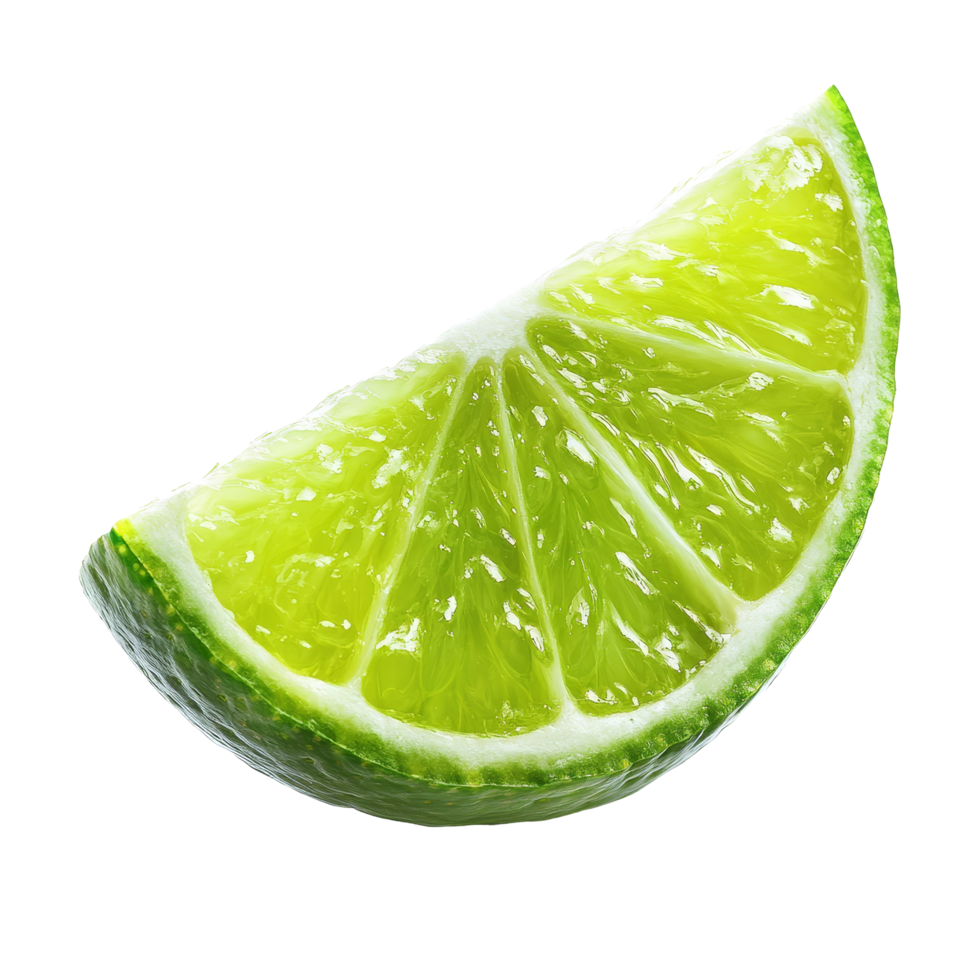 Freshly sliced lime wedge isolated on a transparent background, perfect for beverages, cooking, or garnishing dishes, slice lime isolated on transparent background png