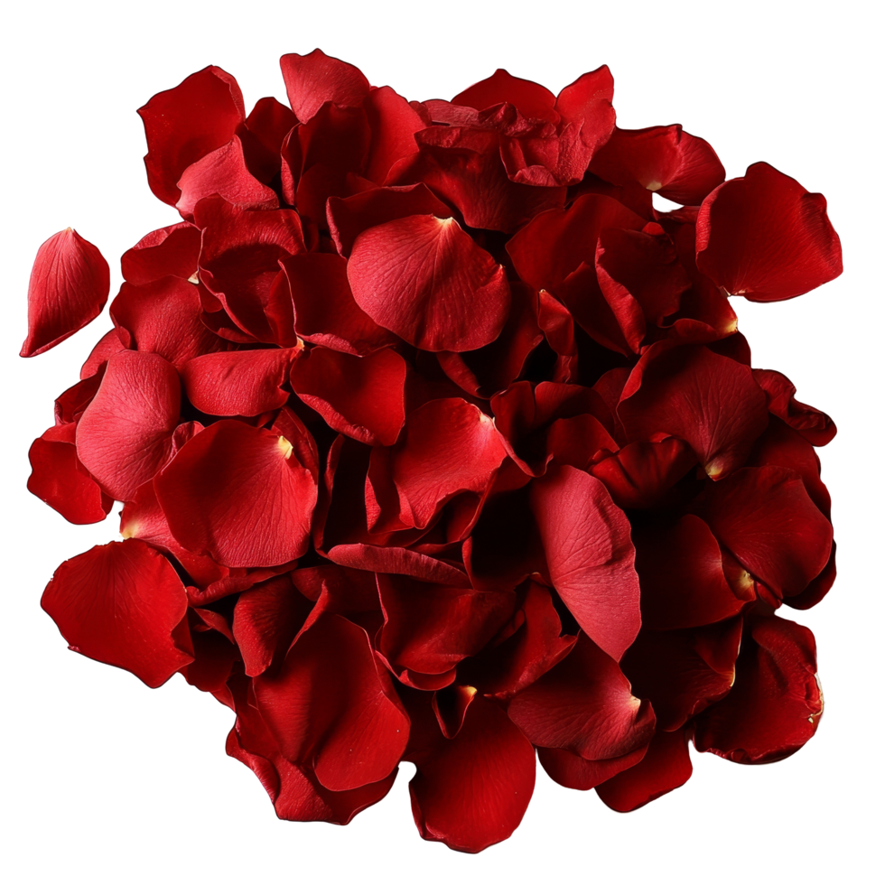 A pile of vibrant red rose petals resting on a clean transparent surface, perfect for romantic occasions and decorations, red rose petals png