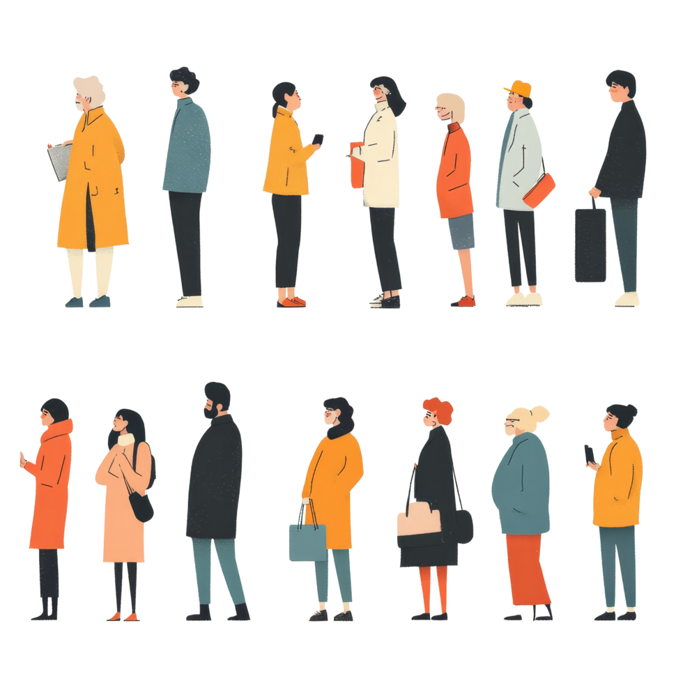 Diverse group of people standing in line at a vibrant location waiting for an event in the afternoon, Diverse people standing and waiting png