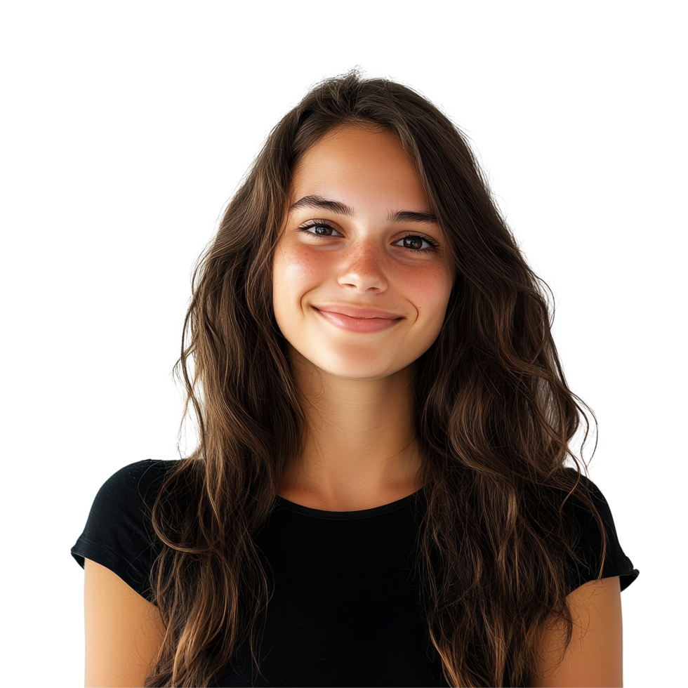 Natural smiling young woman standing against a transparent background, showcasing joy and warmth in her expression, natural smiling young woman isolated on transparent background png