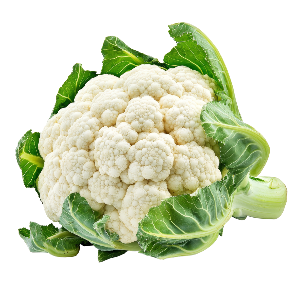 Fresh cauliflower with green leaves isolated on a transparent background showcasing its natural texture and color in vivid detail, Cauliflower vegetables isolated on a transparent background png