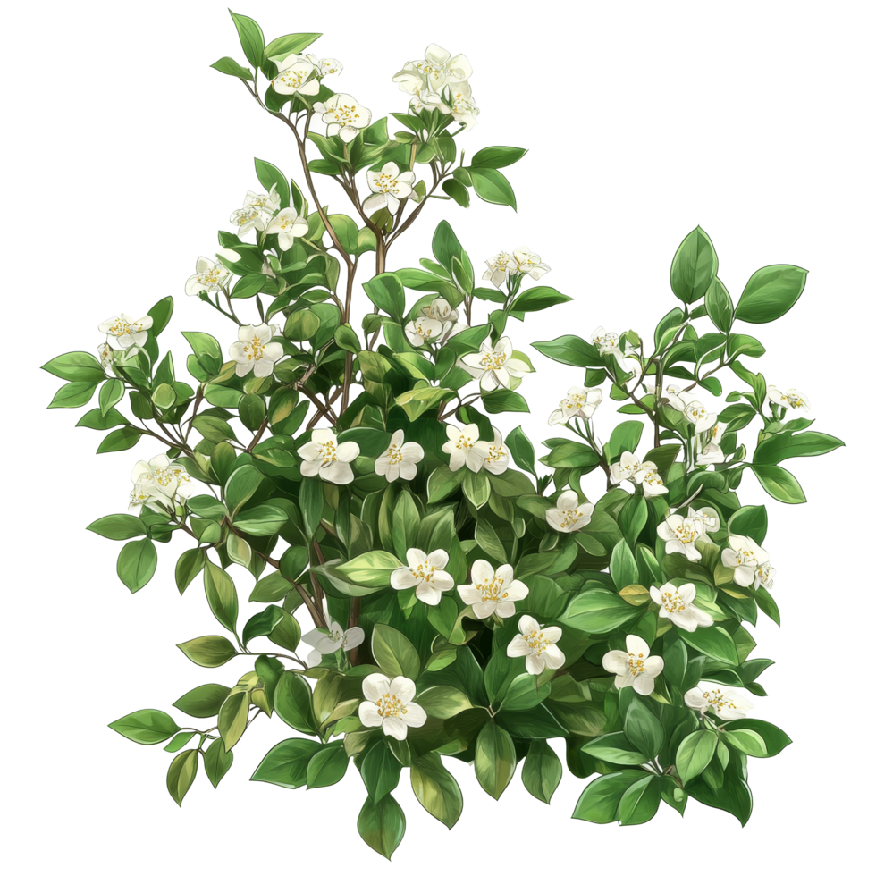 A lush bush featuring vibrant green leaves and delicate transparent flowers against a bright background, Bush with Green Leaves and transparent Flowers on transparent background png
