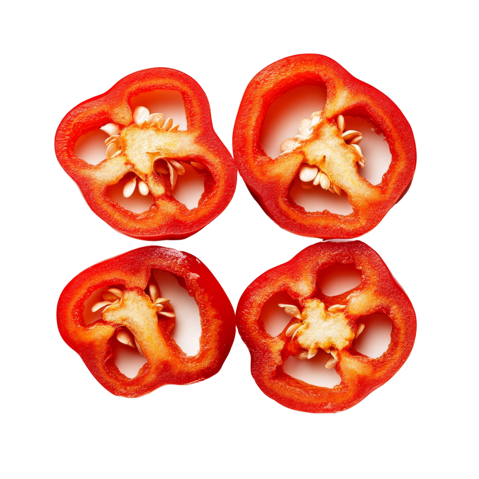 Freshly sliced red sweet bell pepper segments on a clean transparent background perfect for culinary use and presentation, Red sweet bell pepper slices isolated on transparent background png
