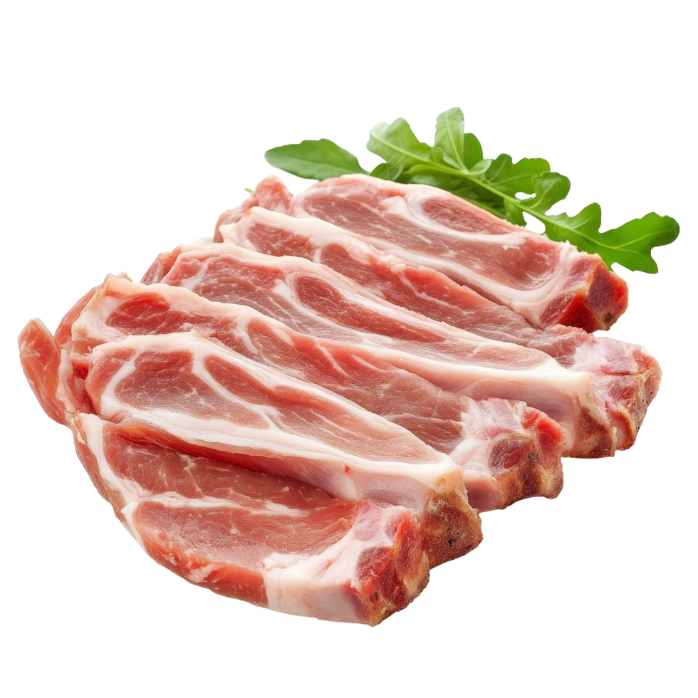 Freshly sliced pork meat with garnish on a clean transparent background ready for cooking or serving, Meat, pork, slices pork on transparent background png