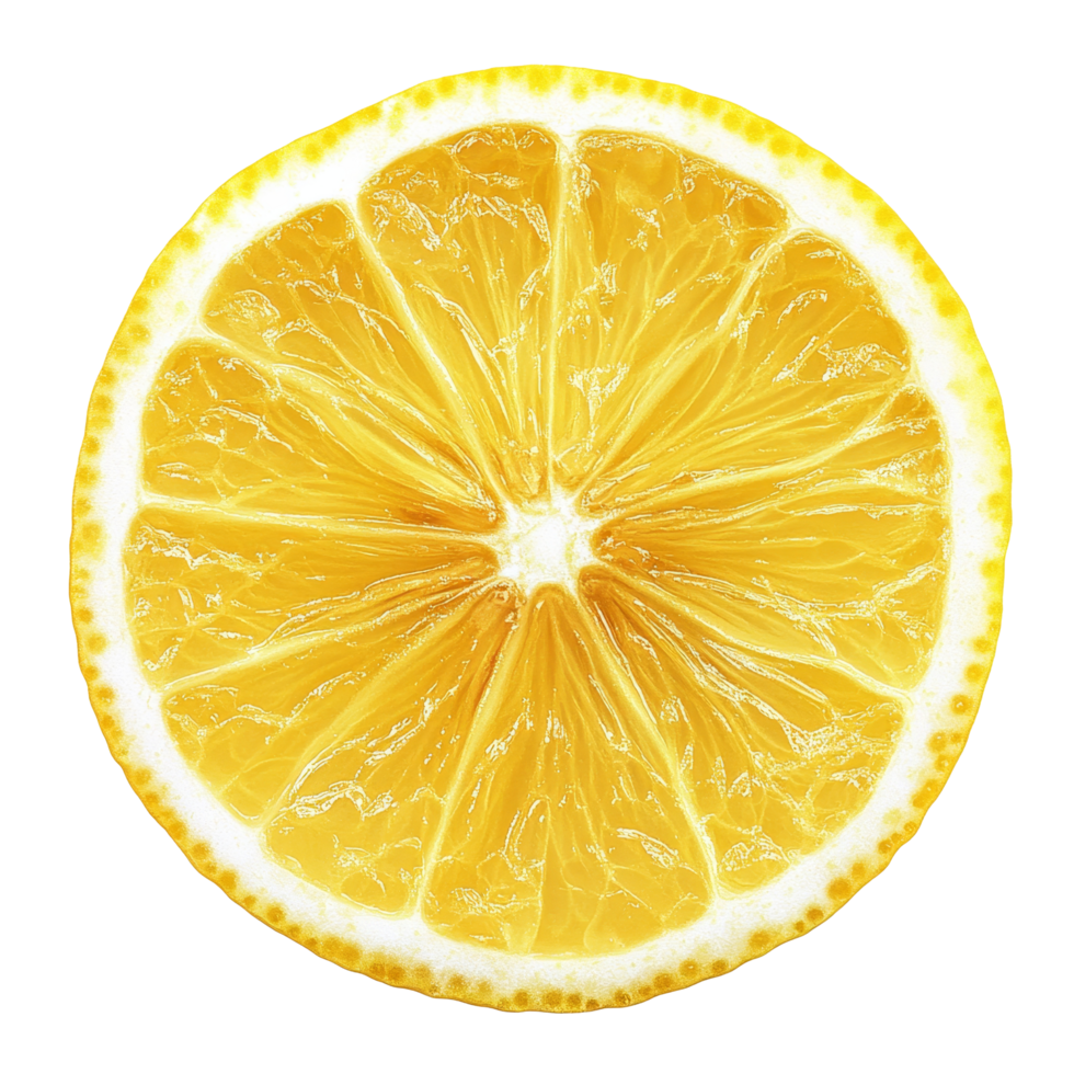 Fresh lemon slice isolated on a transparent background showcasing vibrant yellow color and juicy texture, lemon slice isolated png