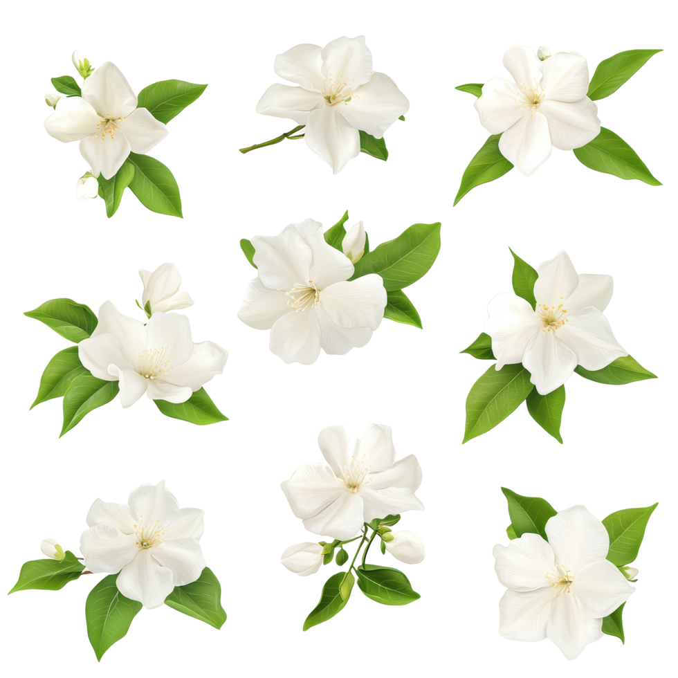Collection of jasmine flowers arranged attractively on a transparent background showcasing their delicate beauty and intricate details, jasmine flowers isolated on transparent background png
