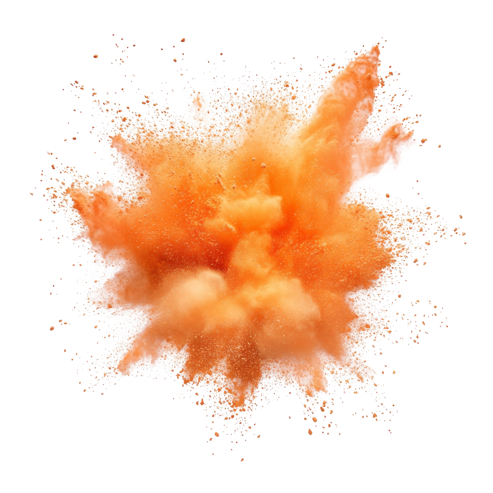 Bright orange powder explosion against a transparent background showcasing dynamic dynamics and vivid color contrast, orange powder pulver explosion isolated on transparent background png