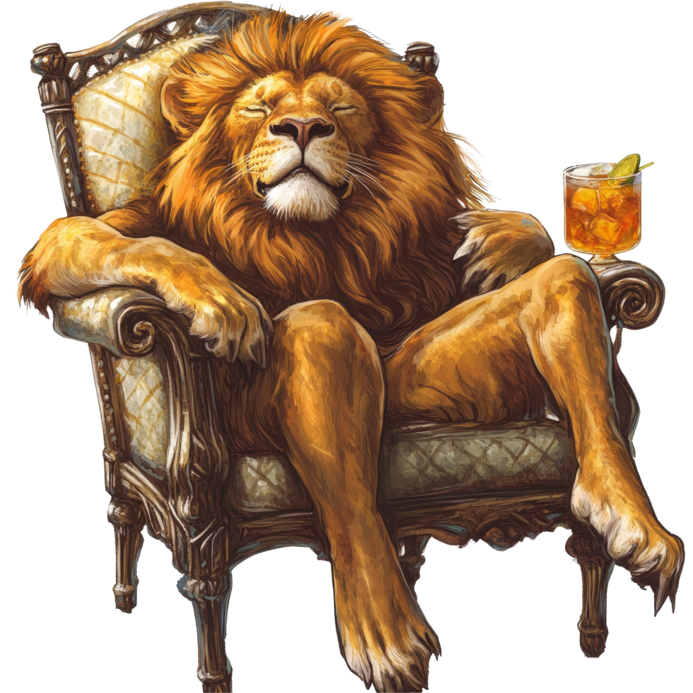 A relaxed lion enjoys a cocktail while lounging in an elegant chair against a transparent background, Relaxed Lion in Chair with Cocktail on transparent background png