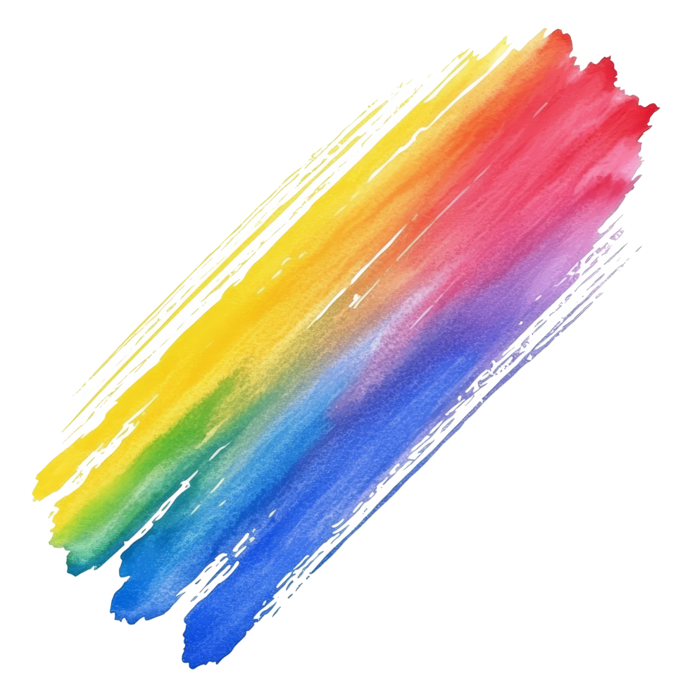 A vibrant rainbow colored gradient brush stroke showcasing a blend of watercolor shades on a transparent background, rainbow colored gradient paint brush stroke isolated on transparent background png
