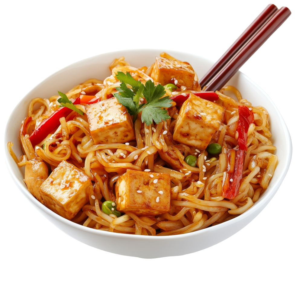 Delicious stir-fried rice noodles with tofu and vegetables in a transparent bowl ready to be enjoyed for any meal, Stir Fried Rice Noodle with tofu on transparent background png