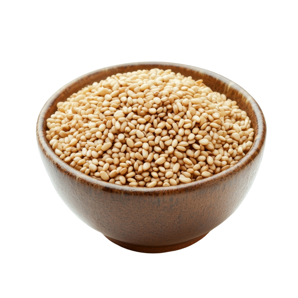 Fresh sesame seeds in a wooden bowl on a clean transparent background ready for culinary use in cooking, sesame in a bowl isolated on transparent background png
