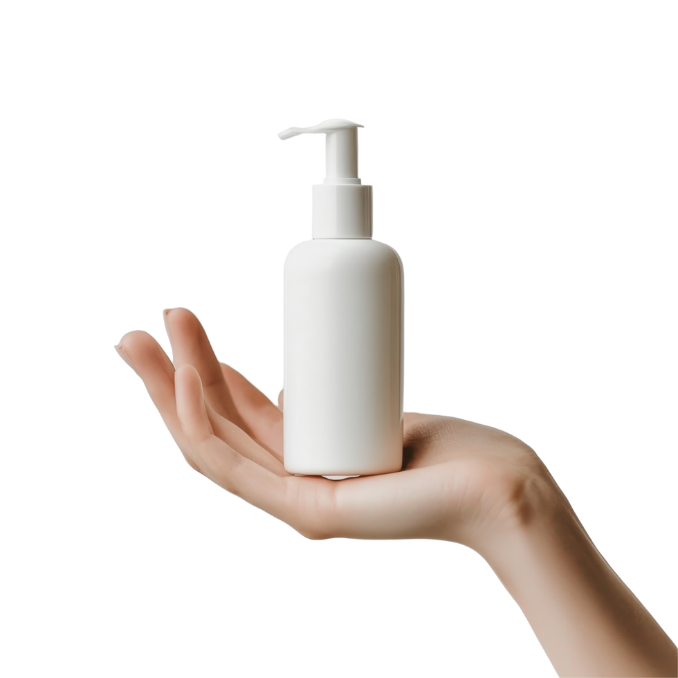 A person holding a transparent cream bottle on a clean, bright background for skincare routine or beauty application, hands cream bottle on transparent background png