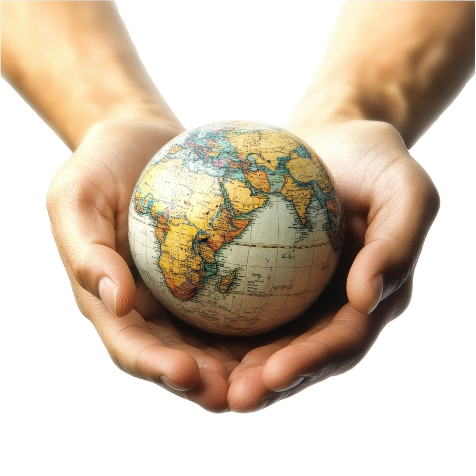 Hands holding a globe symbolizing care for the planet in an isolated setting on a transparent background, earth globe on palm hands isolated on transparent background png