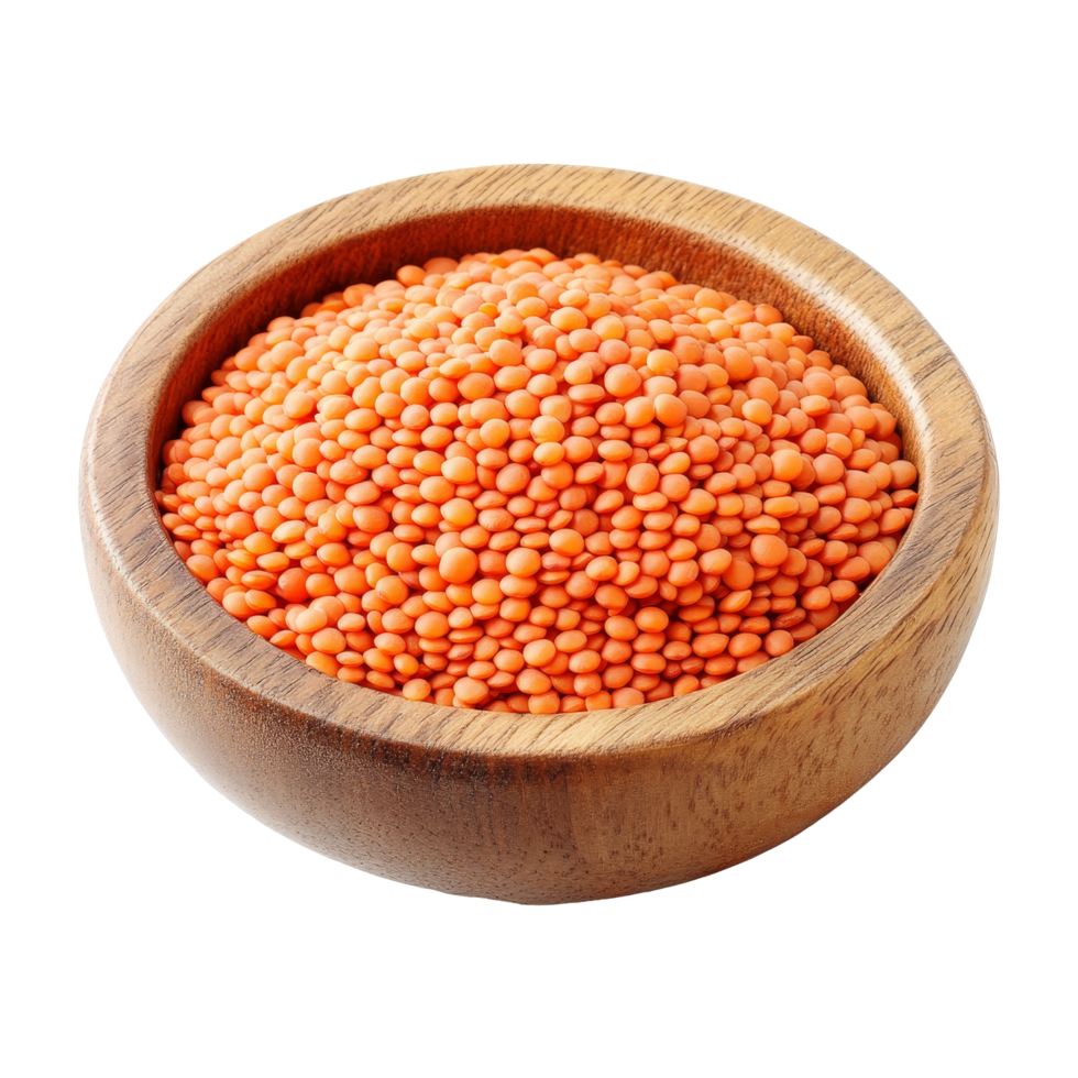 Red lentils in a wooden bowl on a transparent background, showcasing their vibrant color and texture, red lentils in wood bowl on transparent background png