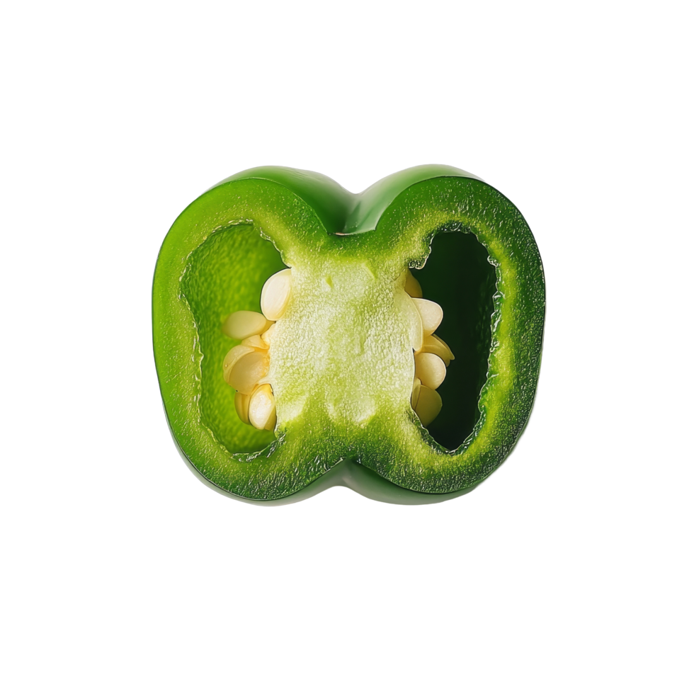 Sliced green bell pepper showcasing seeds on a clean transparent background, slice green bell pepper on transparent background png