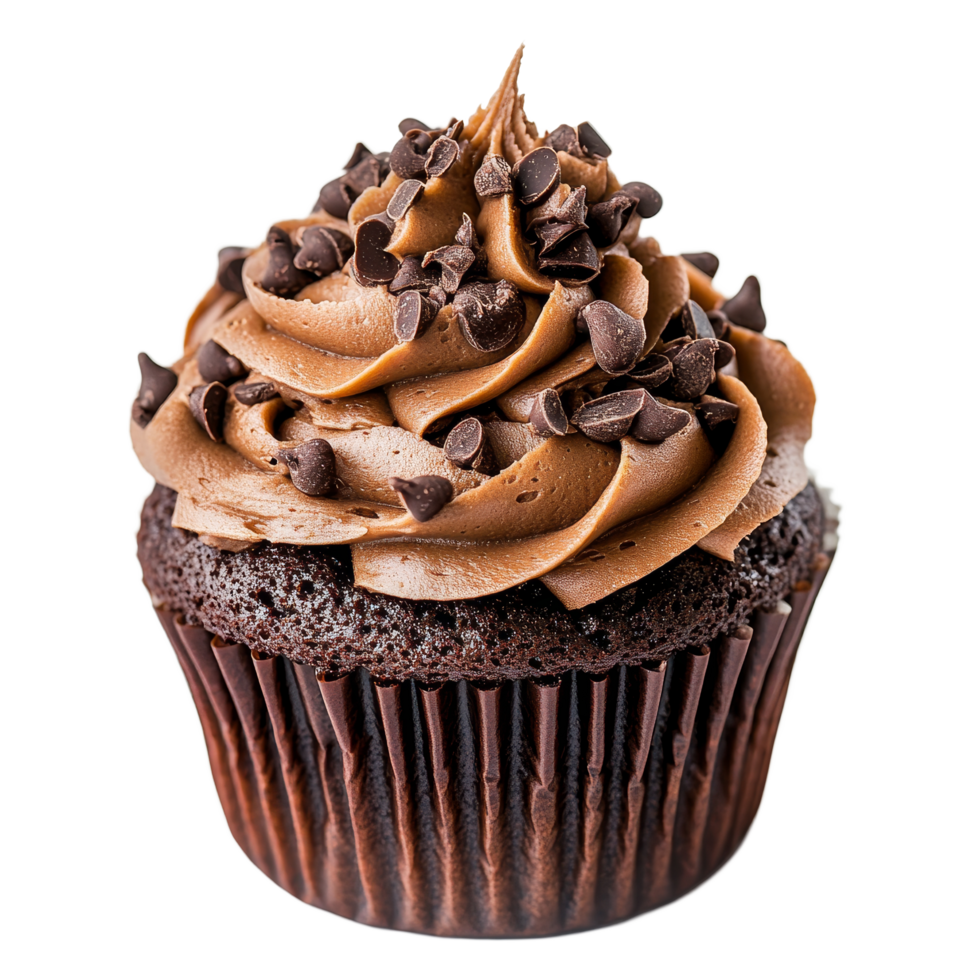 Indulge in a decadent chocolate mud cupcake topped with creamy frosting and chocolate chips, perfect for any dessert occasion, chocolate mud cupcake isolated on transparent background png
