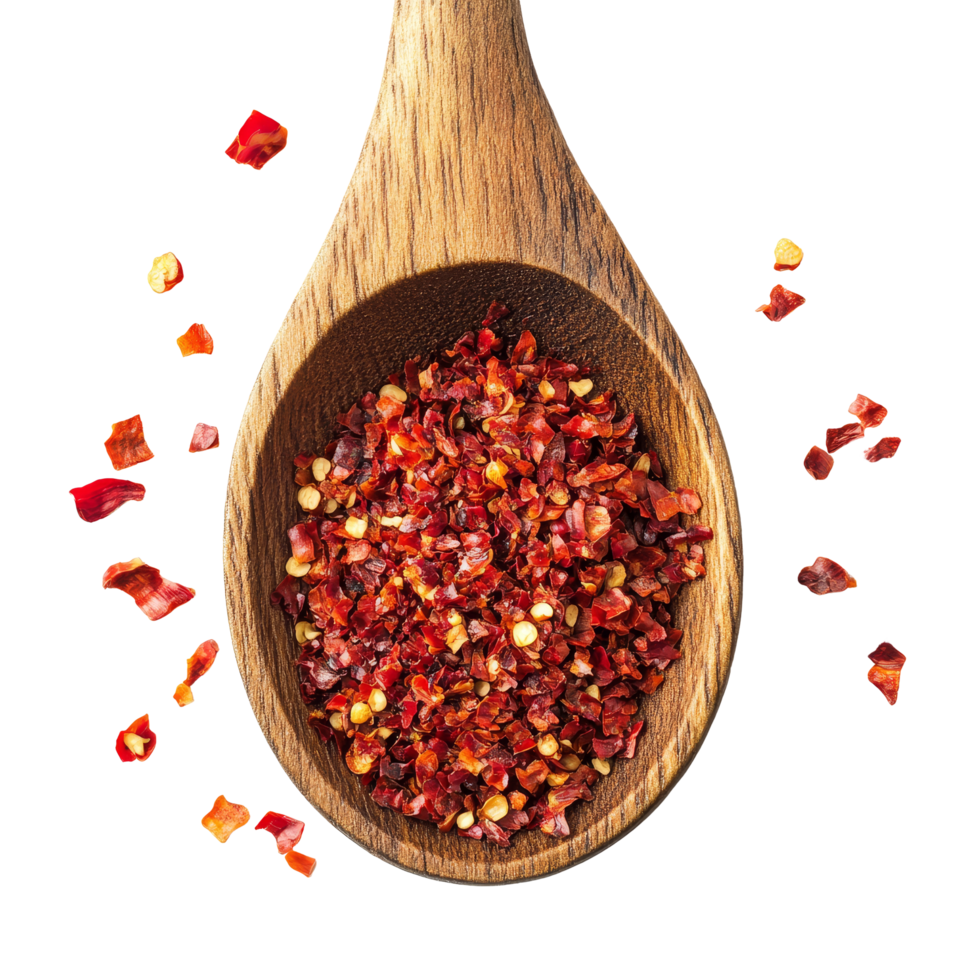 A wooden spoon filled with red pepper flakes arranged on a clean transparent background for culinary presentation, pile of red pepper in wood spoon on transparent background png