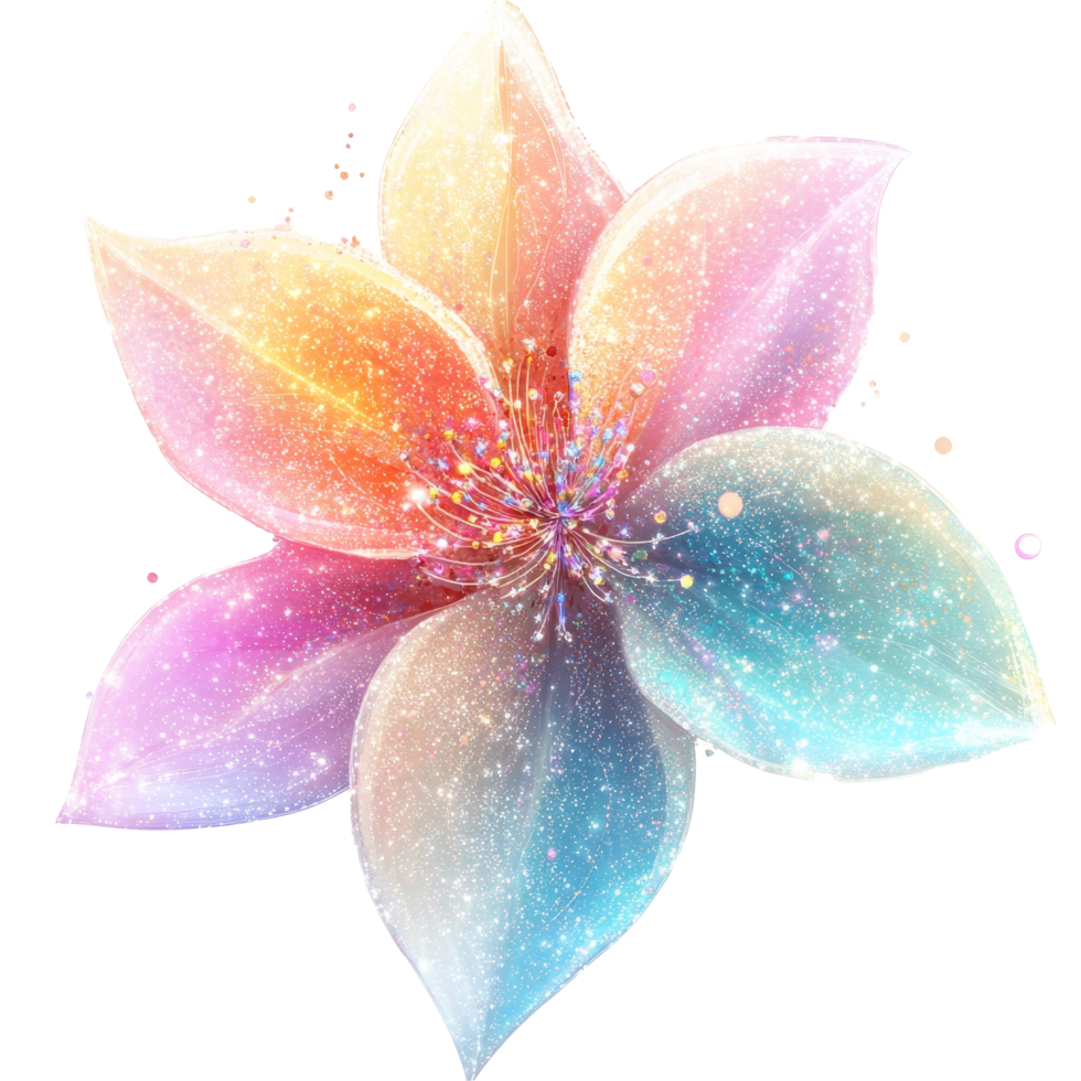 Colorful glitter flower blooming on a transparent background with sparkling transparent accents, Beautiful colorful glitters flower on a transparent background png