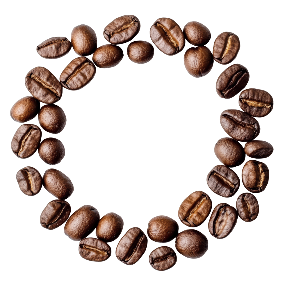 A circular arrangement of coffee beans creating a perfect space for text against a clean transparent background, Coffee beans with round copyspace against transparent background png