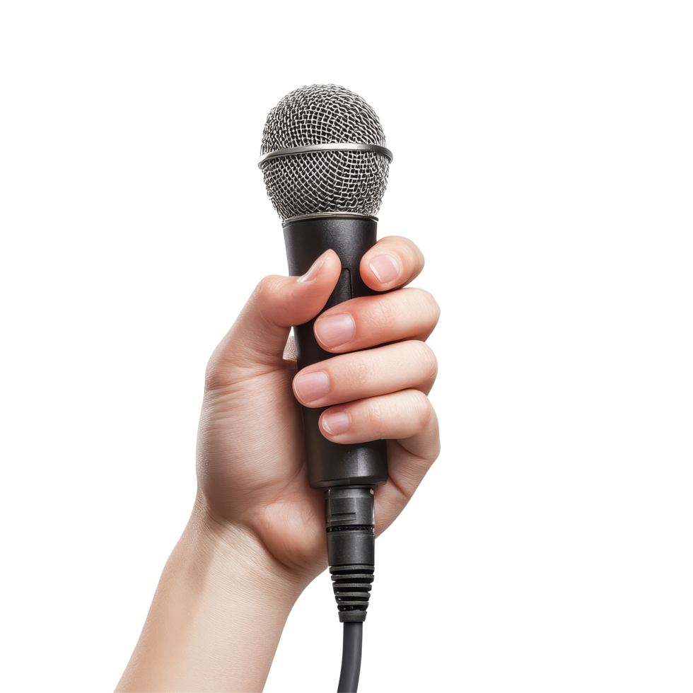 A hand gripping a microphone symbolizes expression and communication on a transparent background, Hand Holding Microphone Isolated on transparent background High Resolution png