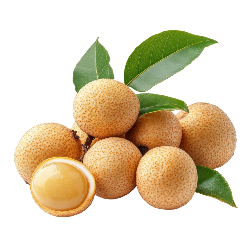 Halved longan fruit with fresh green leaves isolated on a transparent background, showcasing its sweet flesh, hlaf longan isolated on transparent background png