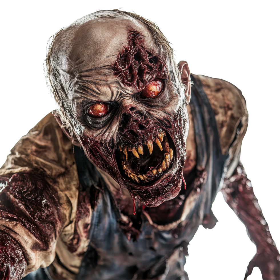 A terrifying zombie creature lurks with glowing eyes and menacing teeth in a chilling horror-themed setting, Creepy Zombie Creature Scariest Horror Character On transparent background png