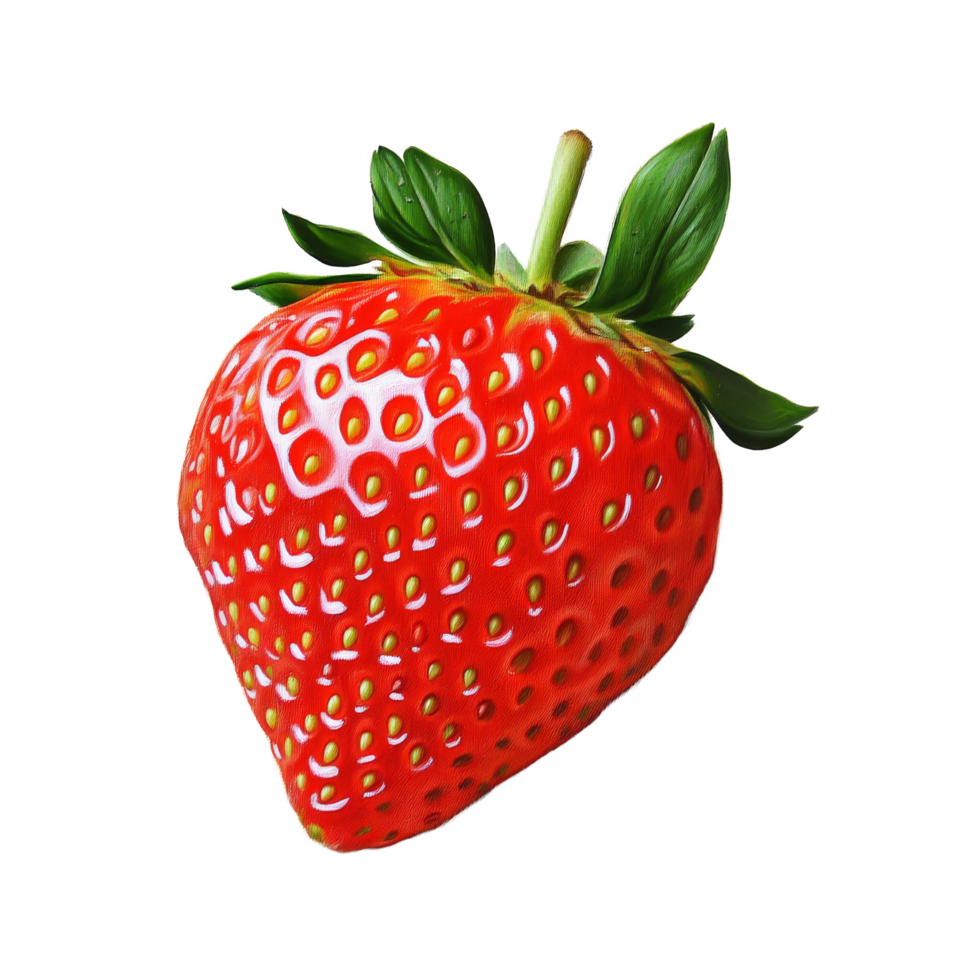 Fresh red strawberry resting on a smooth surface, showcasing its vibrant color and leafy cap in natural lighting, Ripe fresh strawberry png