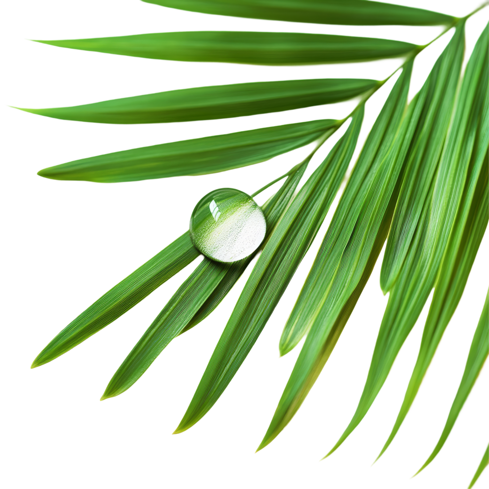 A shimmering water drop rests on a green palm leaf against a clean transparent background, showcasing nature's beauty, water drop on green leaf of palm tree on transparent backgroundfile png