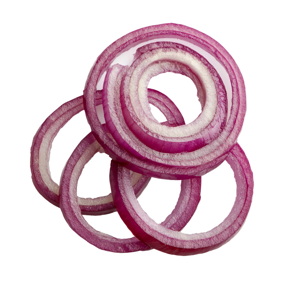 Sliced red onion rings arranged on a clean transparent background for culinary presentation and food styling, Sliced red onion rings isolated on transparent background png