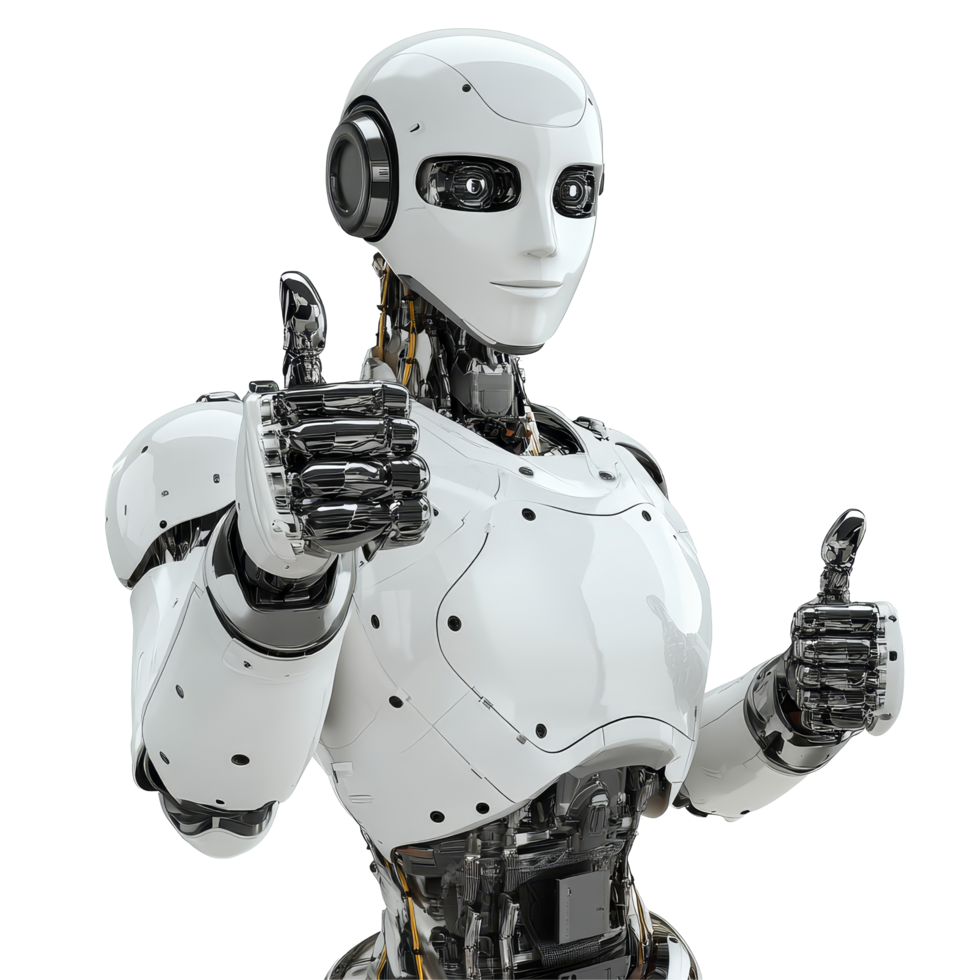 AI robot giving a thumbs up on a bright transparent background to convey positivity and innovation, AI robot giving a thumbs up on transparent background png