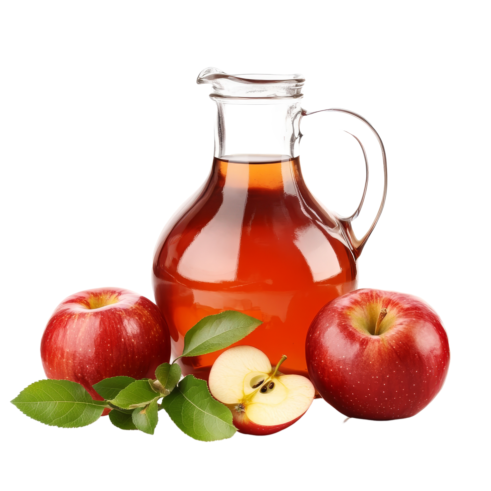 Fresh red apples and a jug of apple cider vinegar on a bright transparent background, A jug of apple cider vinegar with fresh red apples isolated png