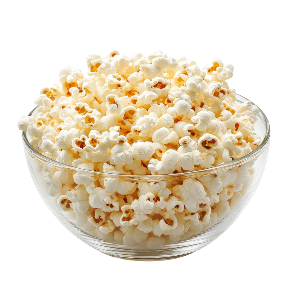 Freshly popped popcorn in a clear bowl on a transparent background, ideal for snacking during movie nights or gatherings, popcorn in bowl isolated on transparent background png