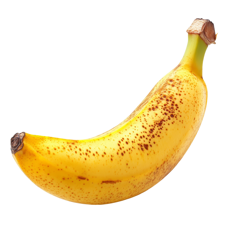 Banana isolated on a transparent background showcasing its yellow peel and speckled texture, banana isolated on a transparent background png
