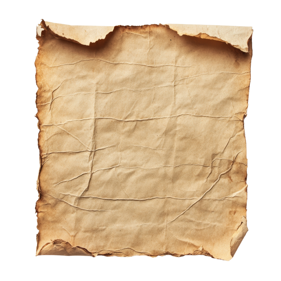 An aged and wrinkled sheet of paper with torn edges set against a clean transparent background for artistic use, Old Paper Sheet Isolated on transparent background png