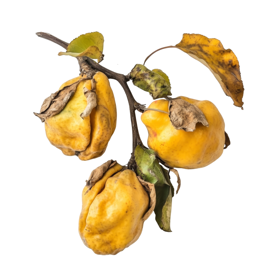 Quince fruits drying on a transparent background showcasing their natural texture and color, Quince drying on transparent background png
