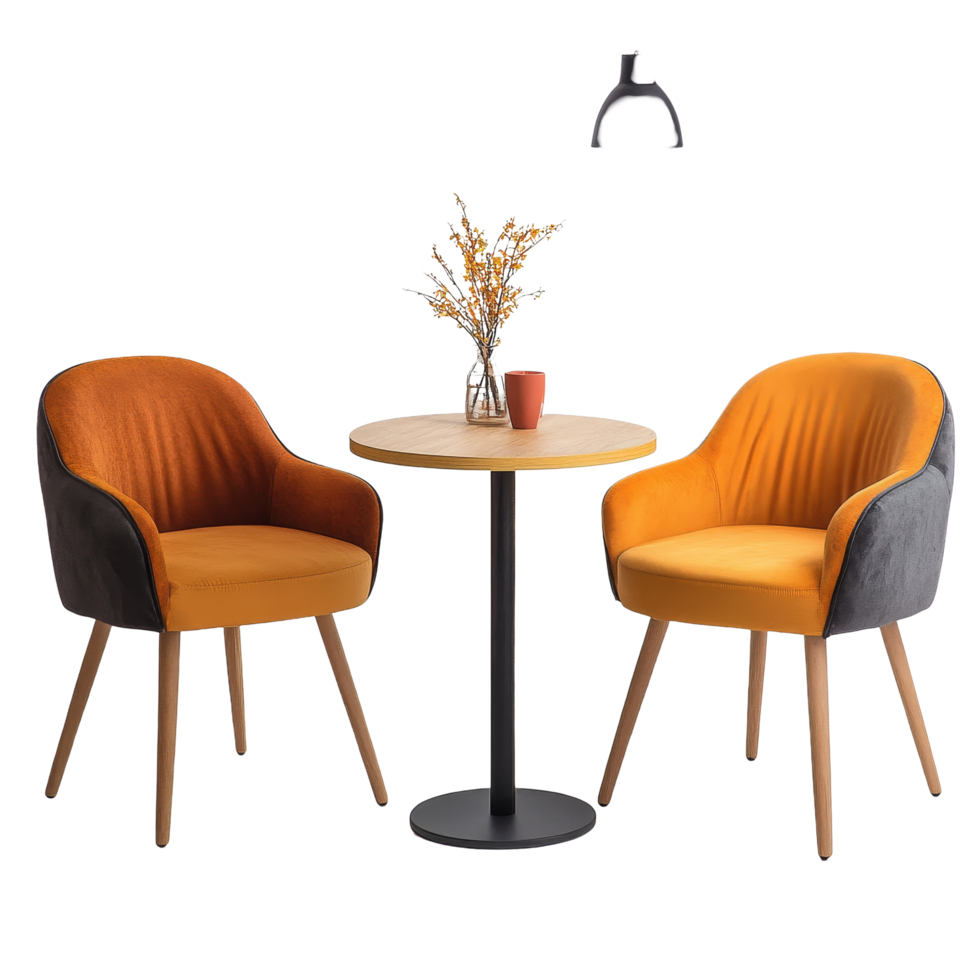 Cozy chairs with a round table and decorative elements on a clean transparent background, perfect for a relaxed setting, Cozy Chairs and Table on transparent background png