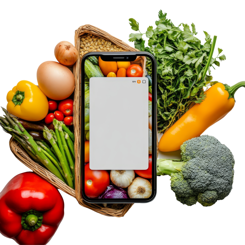 Smartphone displaying an online grocery shopping app surrounded by